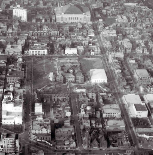 1941 St. James Square with only a few BCATP outbuildings (Image TMU Archives, RG 95.8.8), image