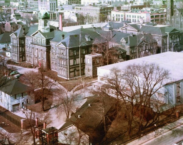 This 1952 image of Ryerson Institute of Technology (TMU) show the buildings of the No. 6 Initial Training School in what is now the Quad. (TMU Archives, RG 95.8.8), image