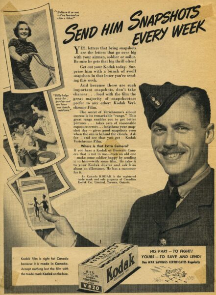 A Kodak advertisement titled "Send Him Snapshots Every Week" with a soldier holding photographs