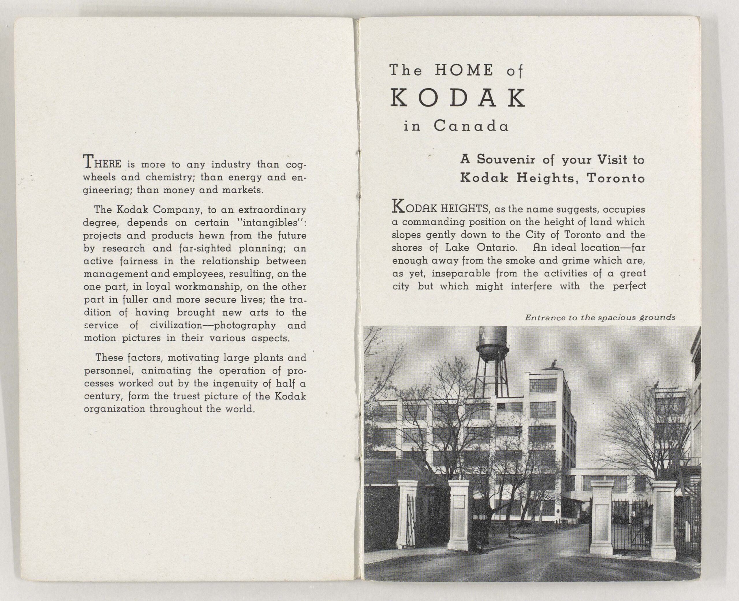 The first pages of a promotional brochure. The brochure says "The Home of Kodak in Canada. A Souvenir of your Visit to Kodak Heights, Toronto.