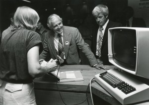 Ryerson becomes the first North American University to install an online Library system. An explanation of the new DOBIS Library system with former President Walter Pitman, 1978. (RG 5.74)
