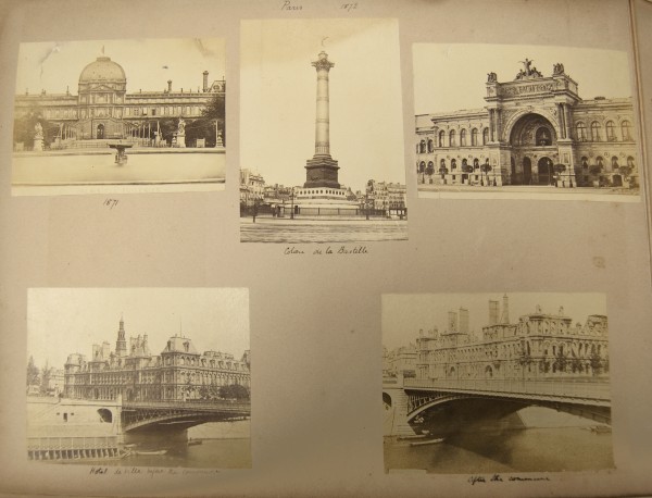 Paris 1872. From the album Europe. A page showing multiple photographs taken in Paris. The top left photograph is of Pailaisides Tuileries (handwritten notation 1871); the top middle of the Bastille Column (handwritten caption Colone de la Bastille). The bottom photographs show the Hotel de Ville before the commune (bottom left) and after (bottom right). 2008.001.2.001