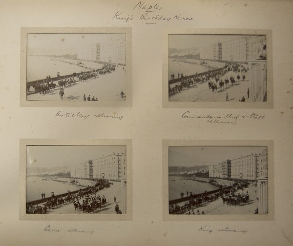 Naples / King's Birthday Review, c. 1930-1941. From album Malta, Italy and China. Captions (left to right; then top to bottom): Artillery returning / Commander-in-Chief + Staff returning / Queen returning / King returning. 2008.001.2.002