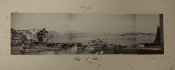 Italy / Bay of Baia, c. 1930-1941. From album Malta, Italy, China. Three photographs are presented together to form a panoramic vista of the bay. 2008.001.2.002
