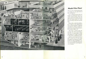 This diagram, from the 1954 promotional brochure Kodak in Canada, illustrates some of the production activities accommodated at Kodak Heights. Note dark rooms 9 through 12.