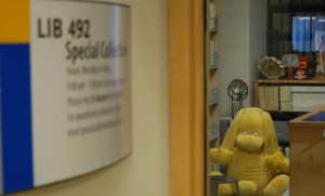 Large yellow plush Kolorkin in the Special Collection stacks