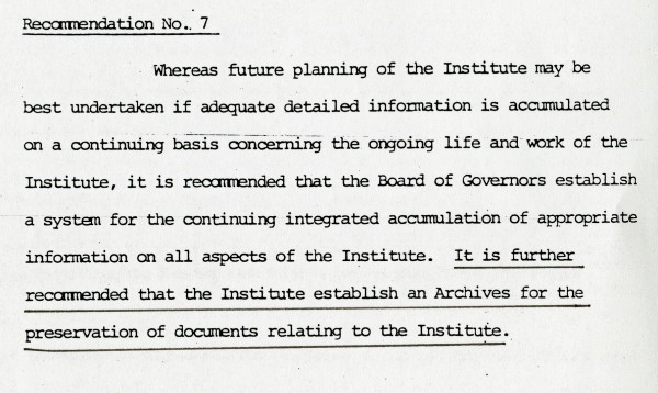 Page from report stating that an Archives be established to preserve historical documents.
