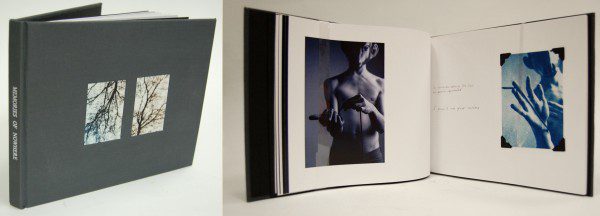 Cover and spine of a book entitled Memories of Nowhere and double page spread with two cyan photographs, a portrait of a shirtless man wearing an animal mask.