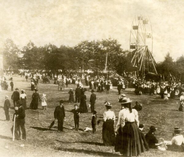 Photograph of people standing around a grassy park with a ferris wheel in the background.