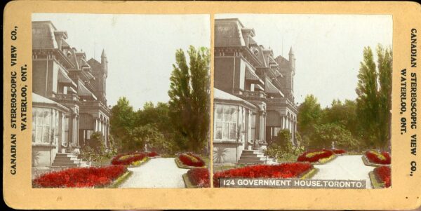 Stereographic card showing front of Government House, looking east, with pathways and gardens