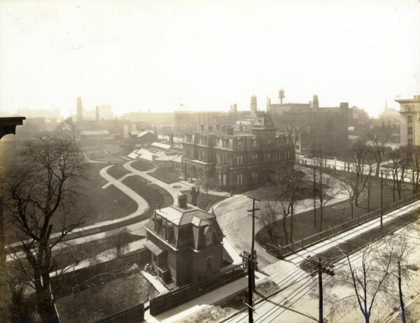 View of Government House looking west with King Street and Simcoe Street visible.