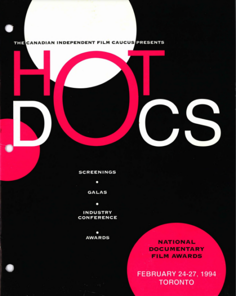 A black, white and pink cover of the 1994 Hot Docs "National Documentary Film Awards"