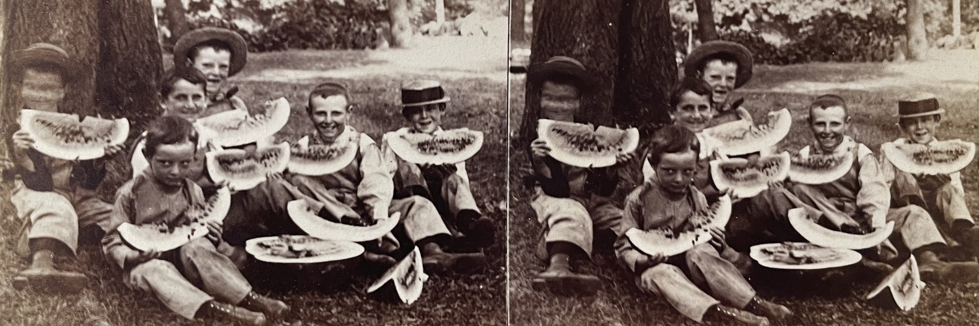 Stereoscope of six little boys eating slices of watermelon