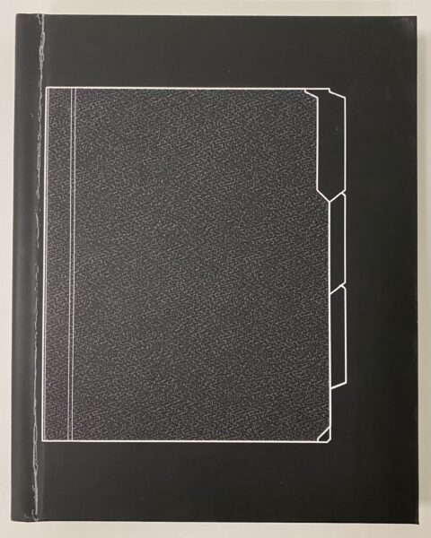 Black book cover with the outline of a file folder