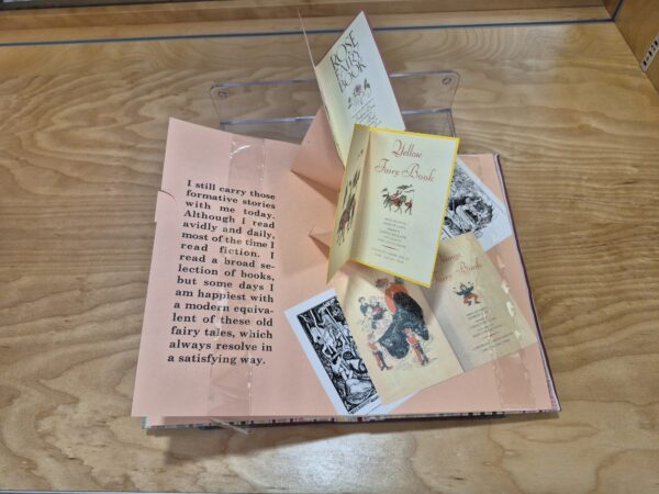 Pop up book open showing various small books