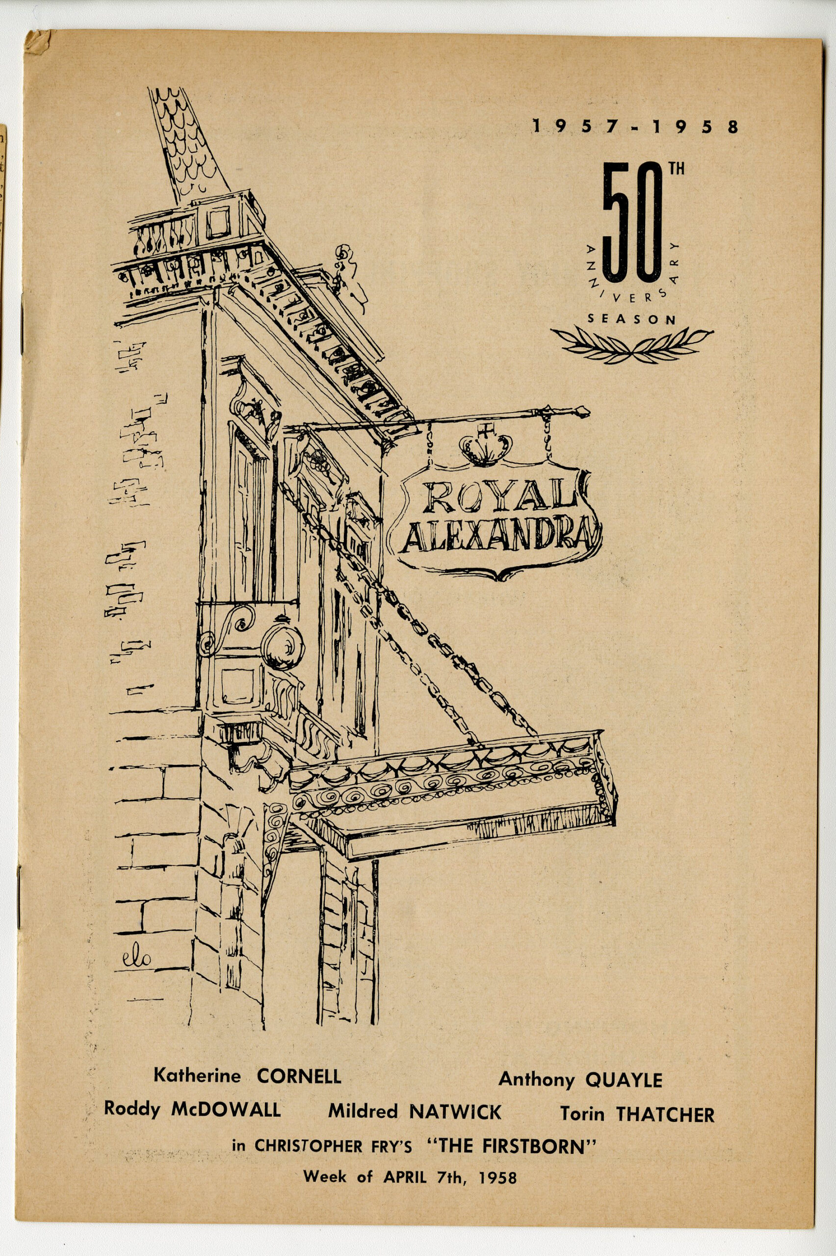 A white programme for a play called The Firstborn at the Royal Alexandra Theatre, with a caricature of the theatre on the front.