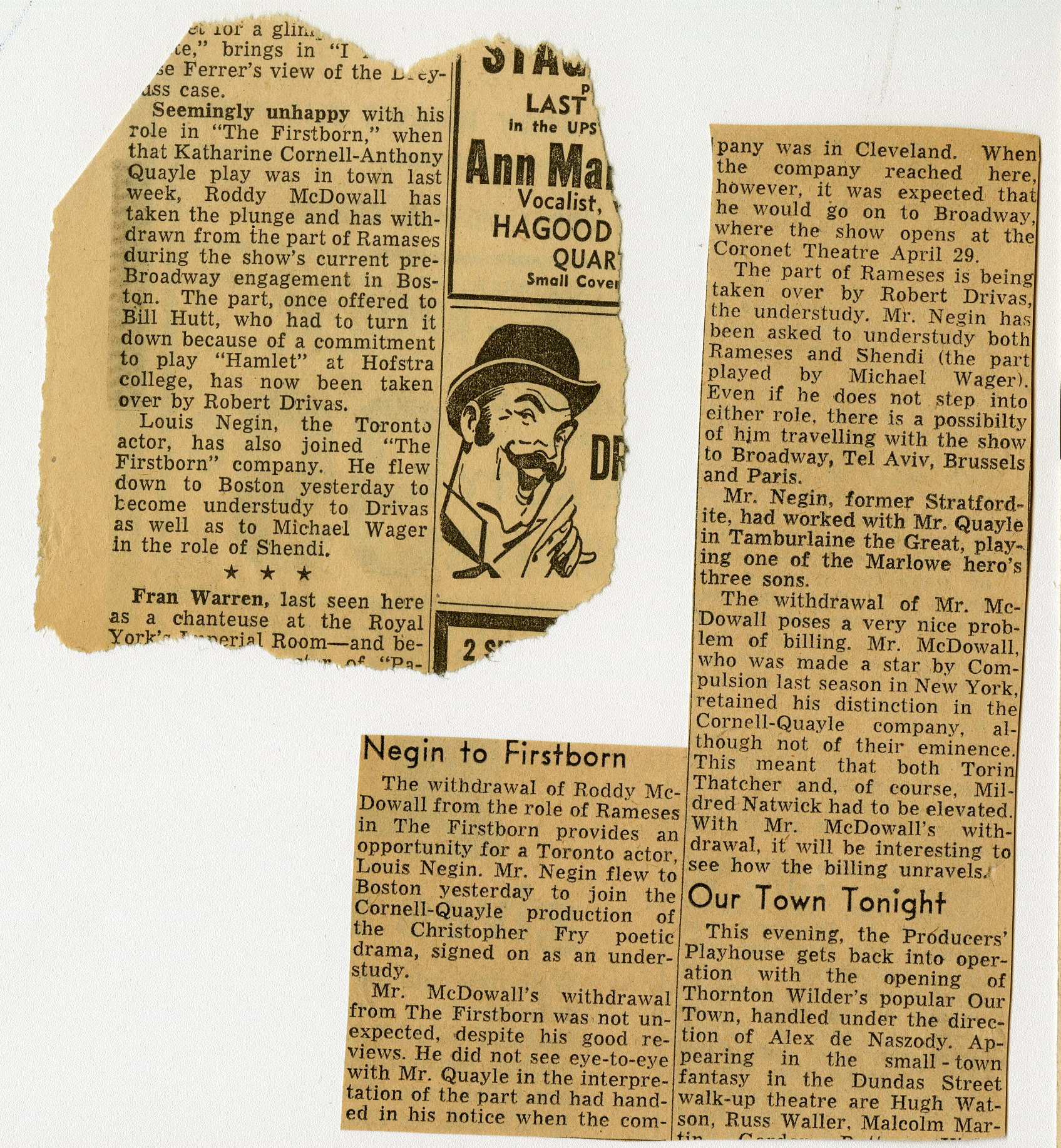 A newspaper clipping from The Firstborn, featuring commentary on the play and a cast photograph.