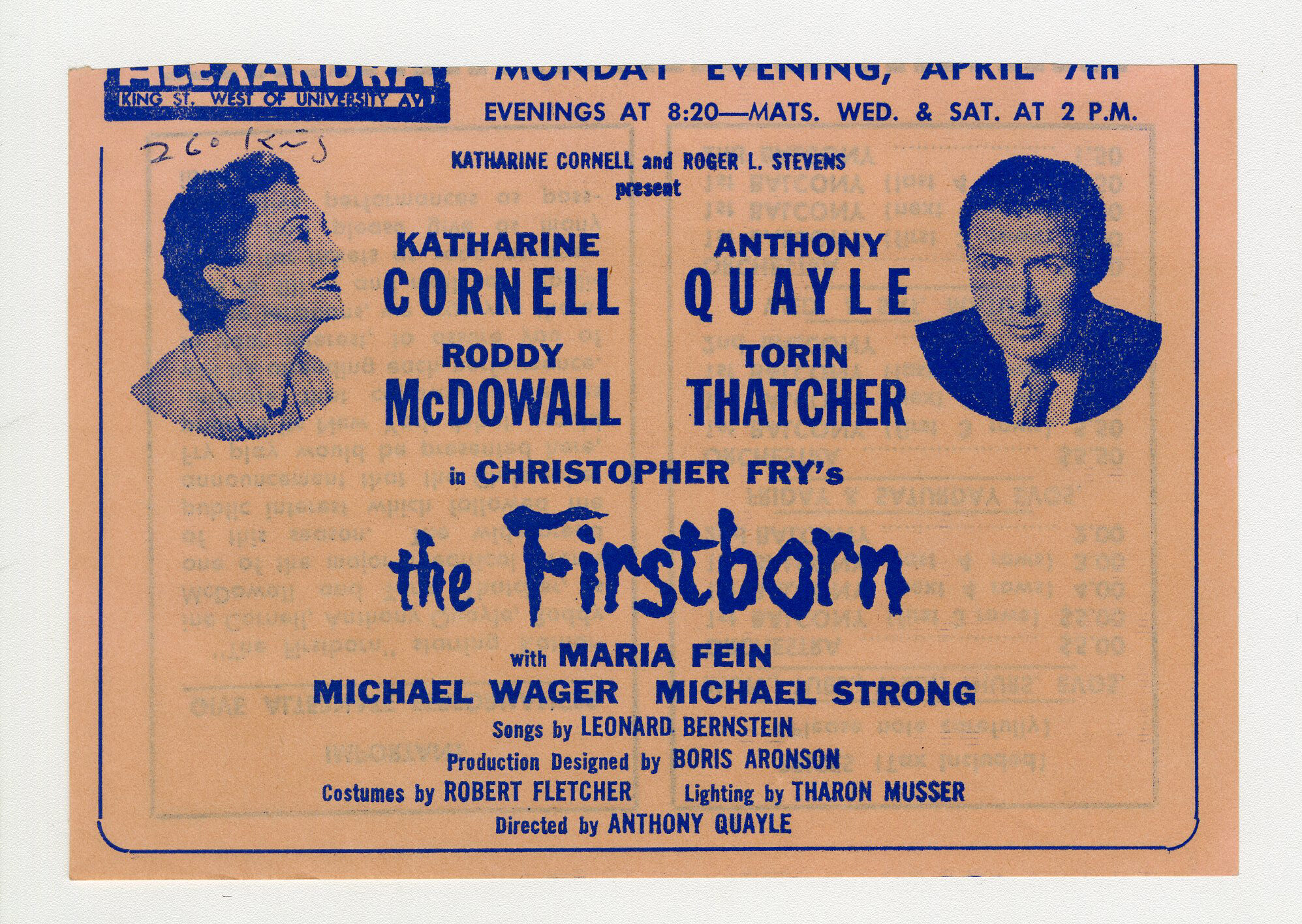 An advertising clipping in dark blue with images of Katherine Cornell and Anthony Quayle and information about the show.