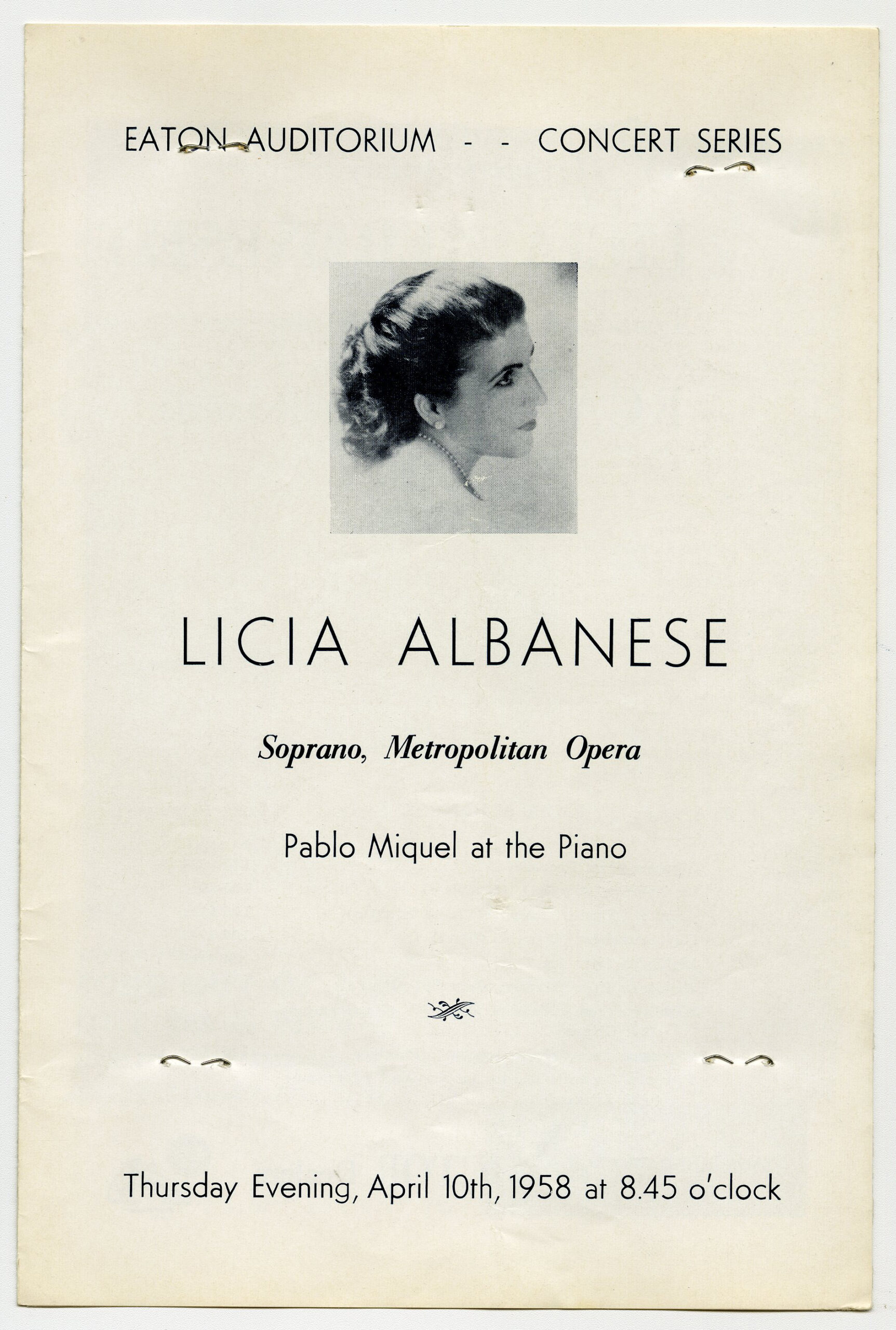 A white program with a picture of Licia Albanese, for an event at the Eaton Auditorum.