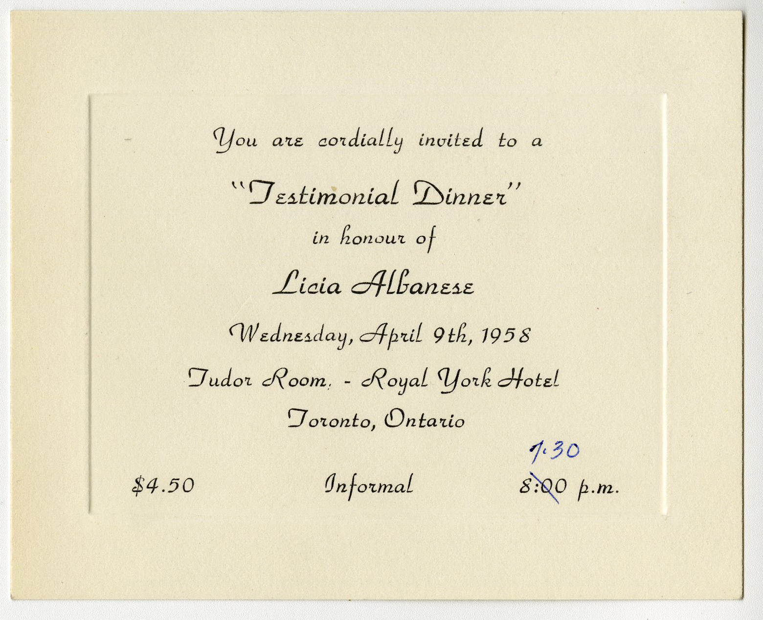 A white card invitation with information about Lucia Albanese's testimonial dinner.