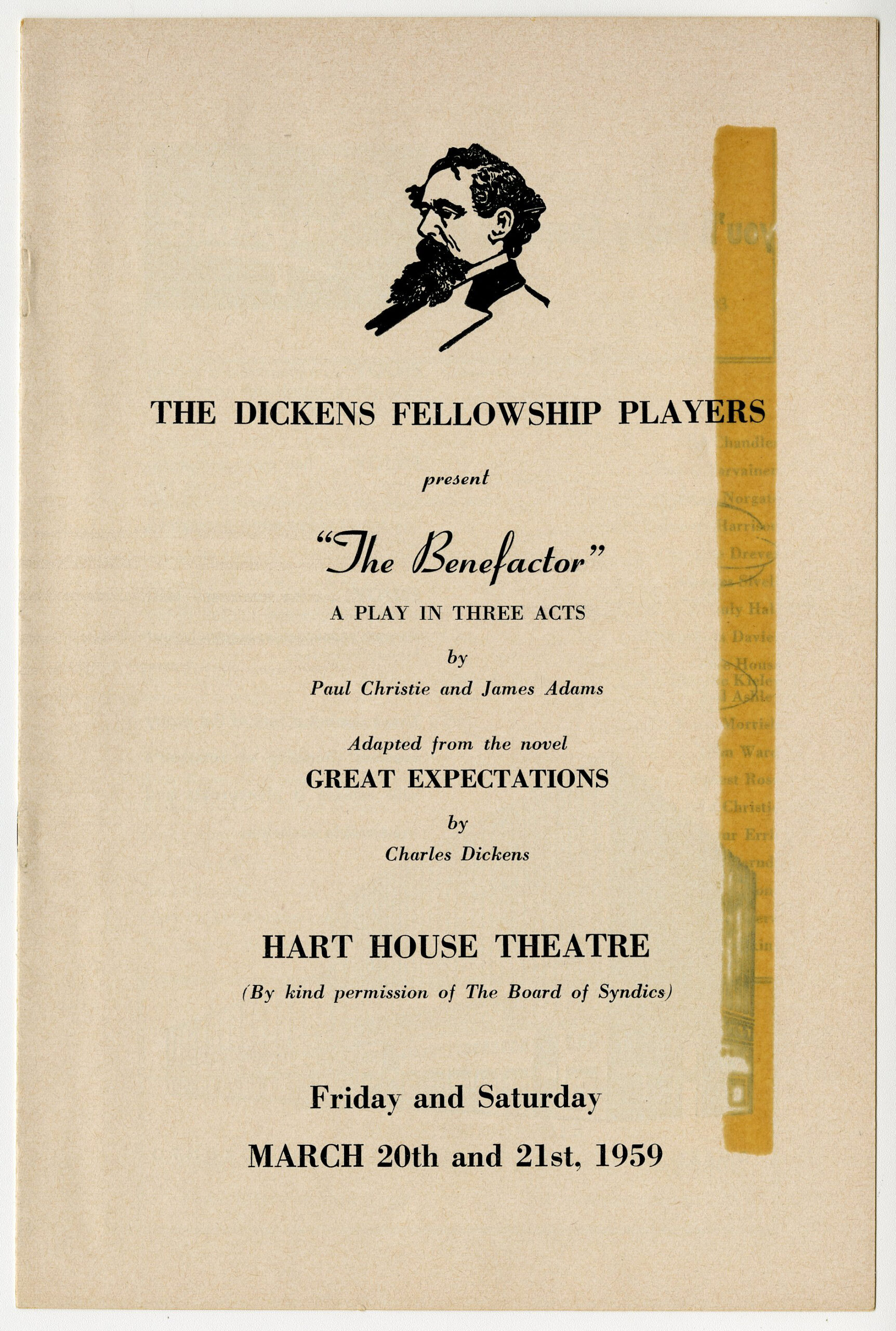 A white program for a play called 'The Benefactor' at the Dickens Fellowship Players, featuring information about the production.