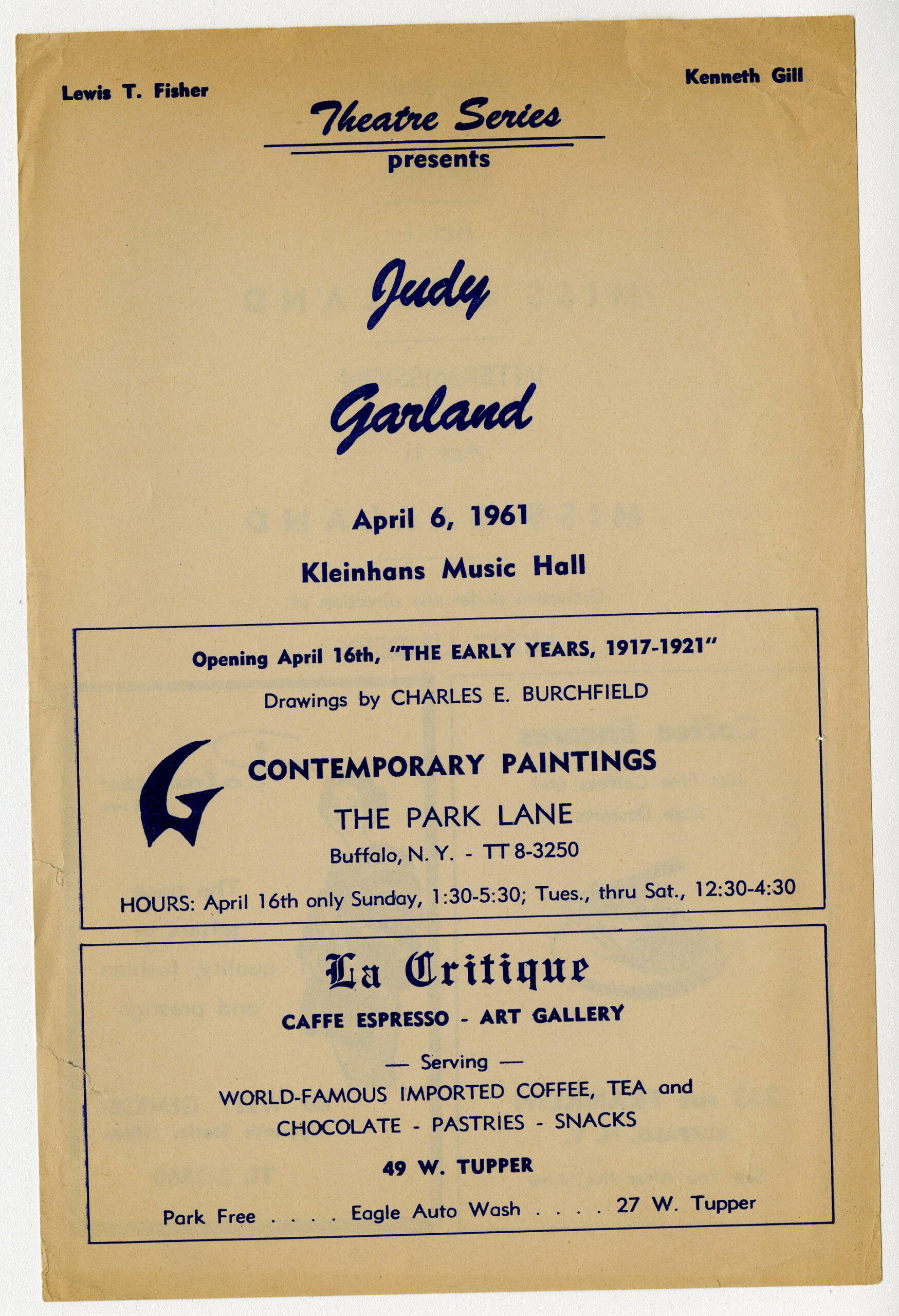A cream-coloured programme from a performance by Judy Garland at Kleinhans Music Hall, featuring information about the performance.