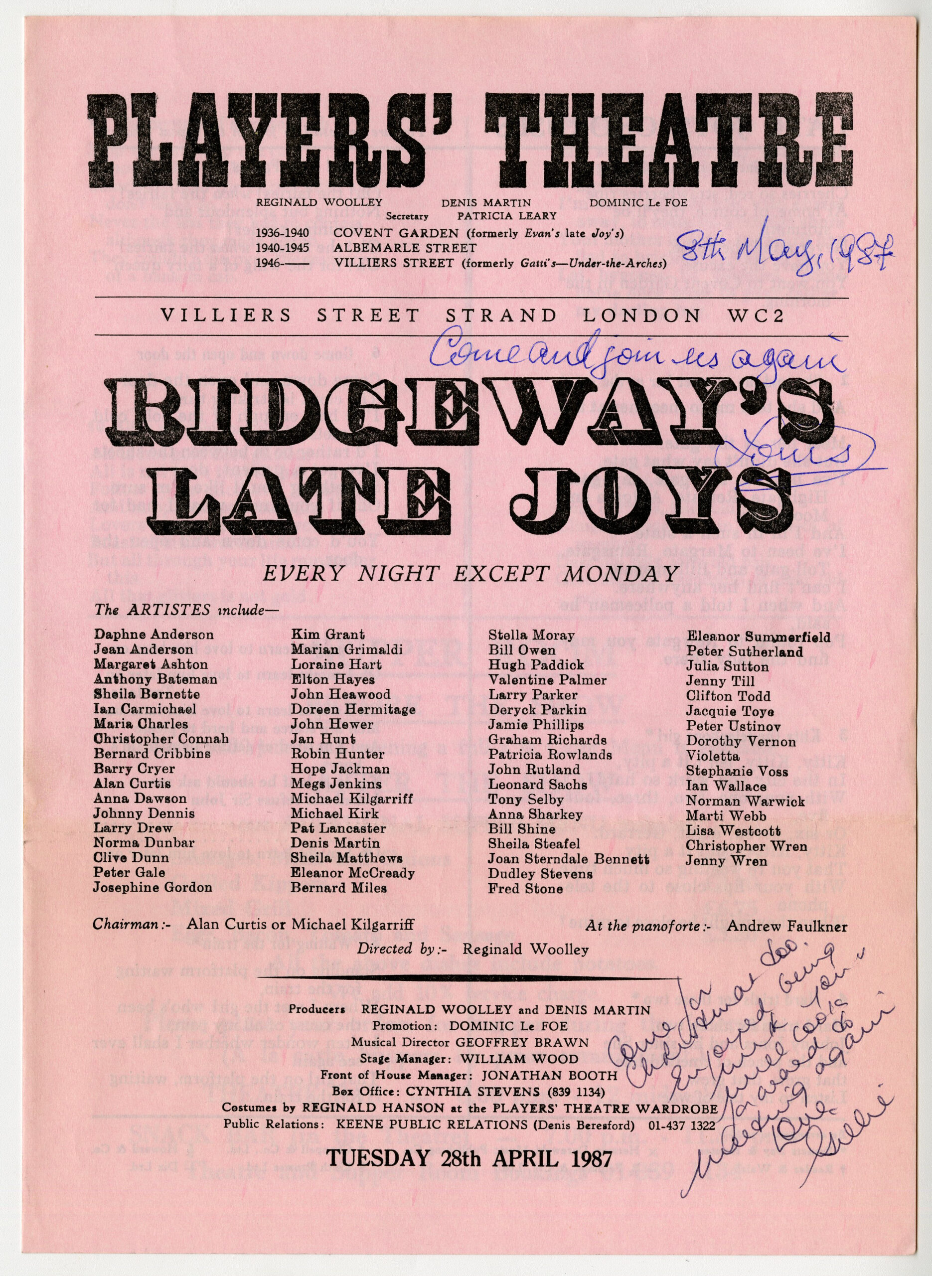 A pink programme from a cabaret performance called Ridgeway's Late Joys, and which features signatures from various members of the cast.