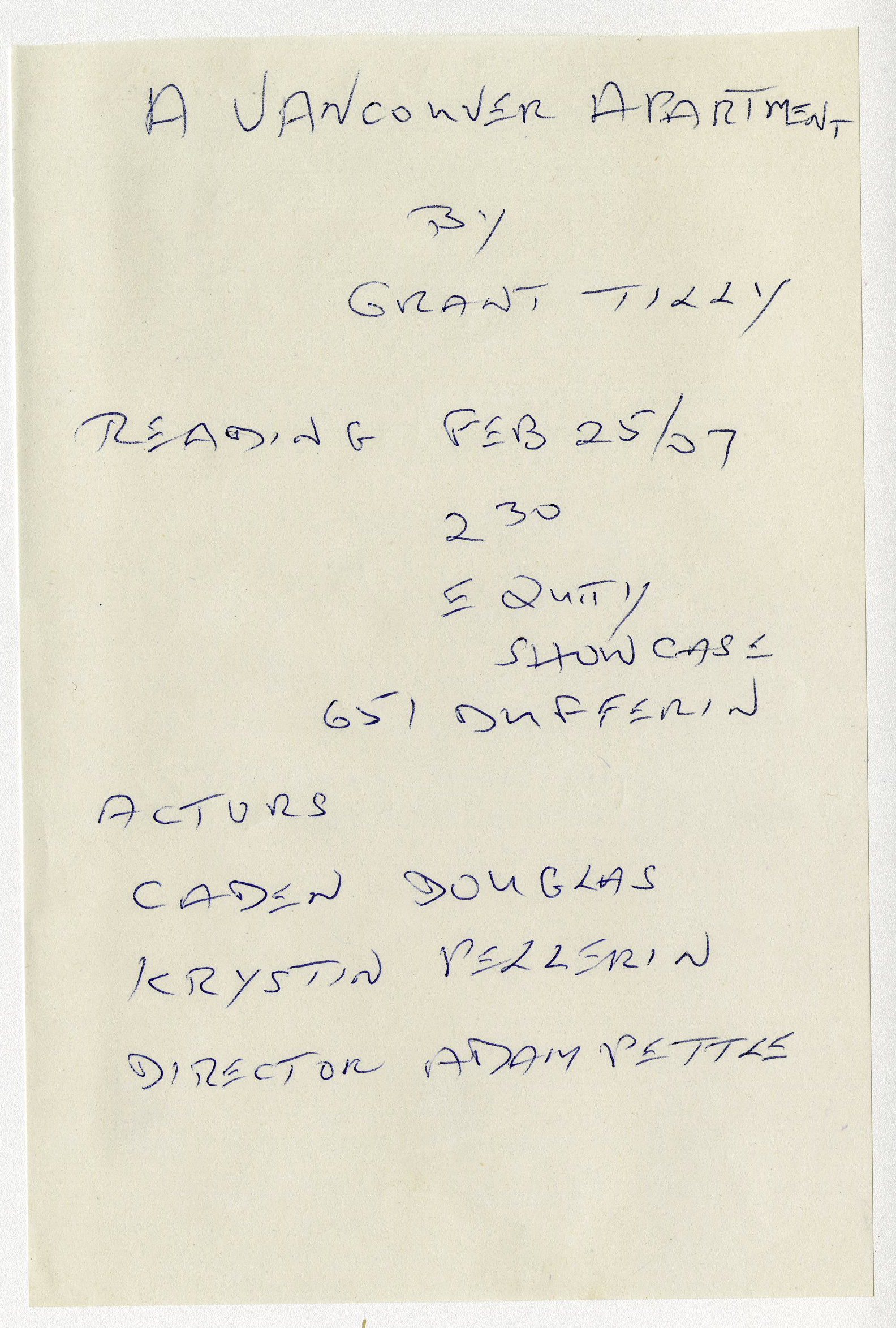 A hand-written note listing the cast members of a play.