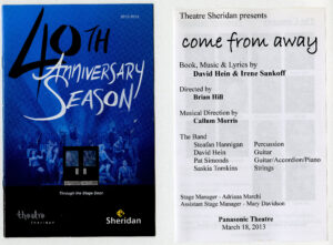 A blue program for the 40th anniversary season of Sheridan Theatre, featuring black doors in front of indistinct bodies. A white second page with information on the play 'Come From Away'.