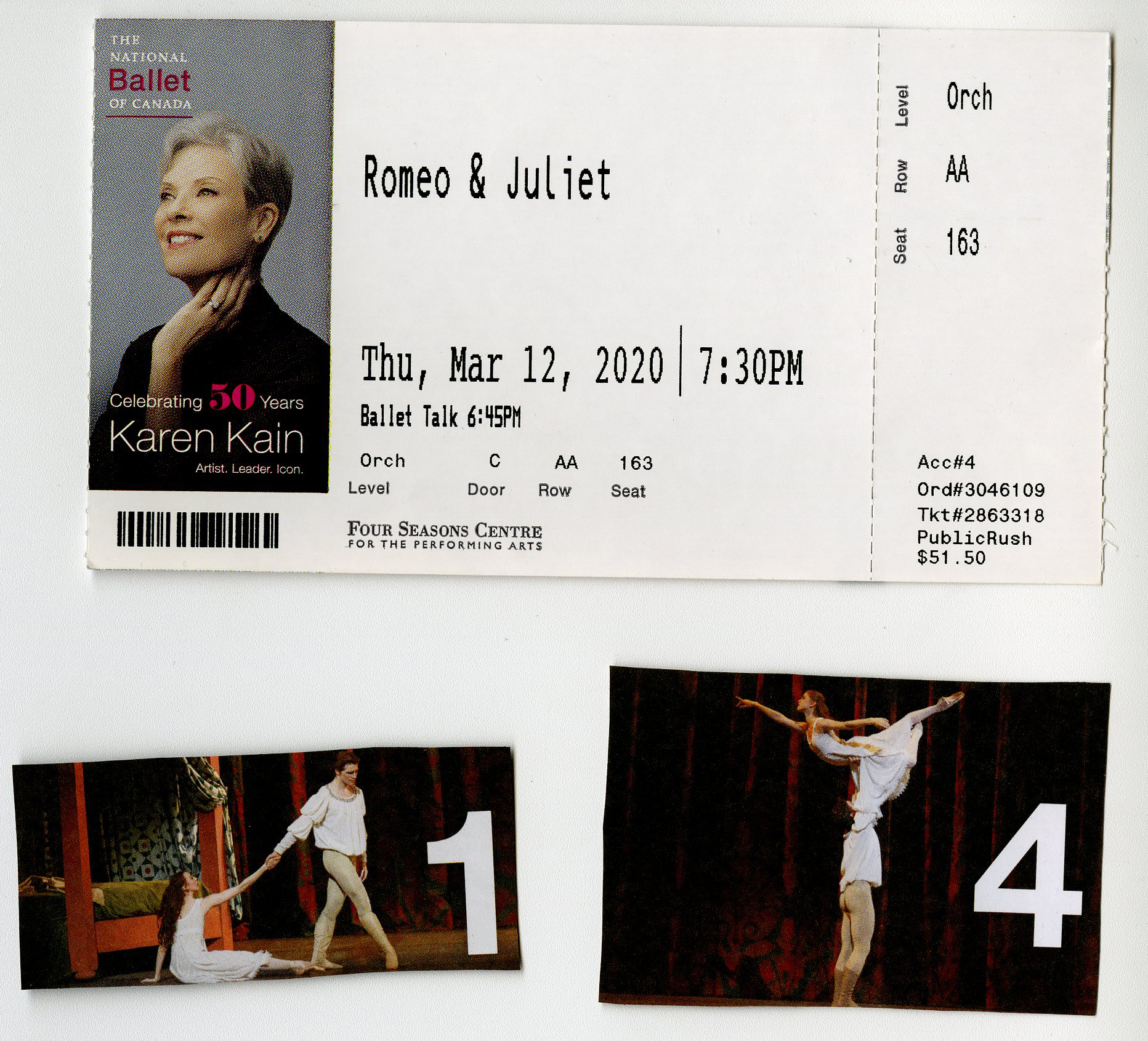 A ticket stub and two clippings from Romeo and Juliet.