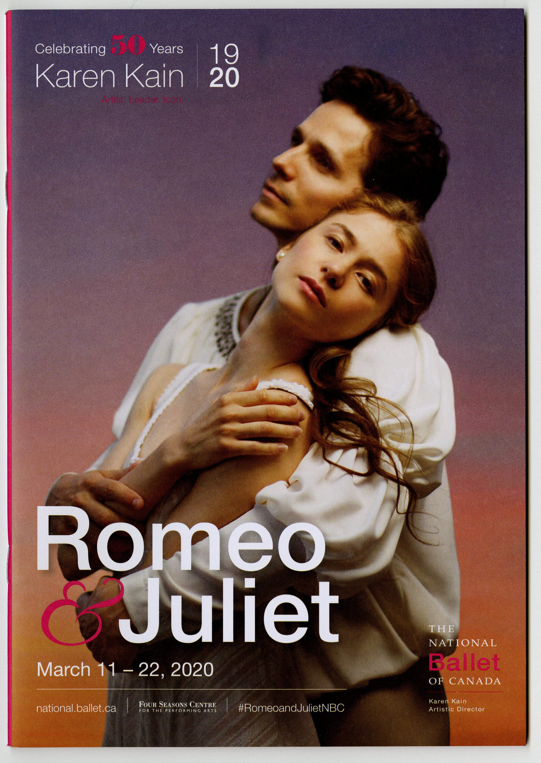 A picture of two dancers who portray Romeo and Juliet in front of the ballet's title, against a purple gradient background.
