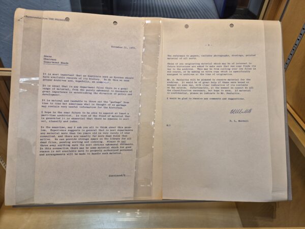 2 page memo regarding collecting materials for an archives