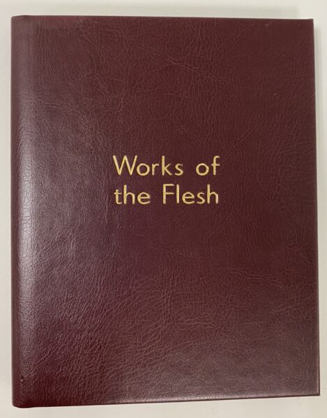 Dark red book cover with the title Works of the Flesh