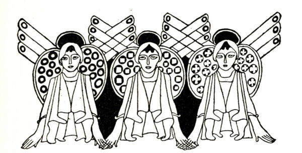 Black and white print of three women with ornamental wings
