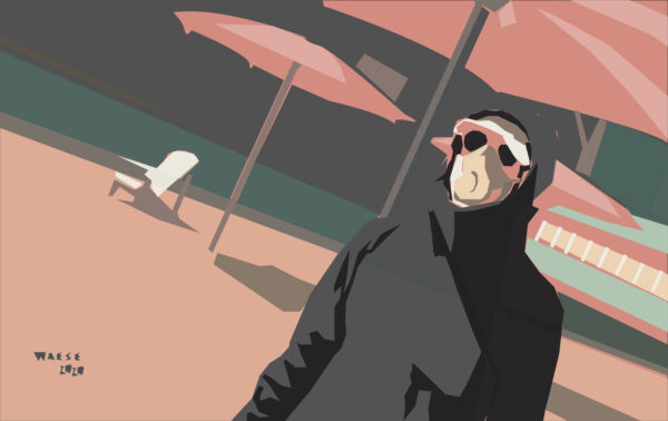 Illustration of a person wearing sunglasses, a hat, a hoodie and a face mask on a beach