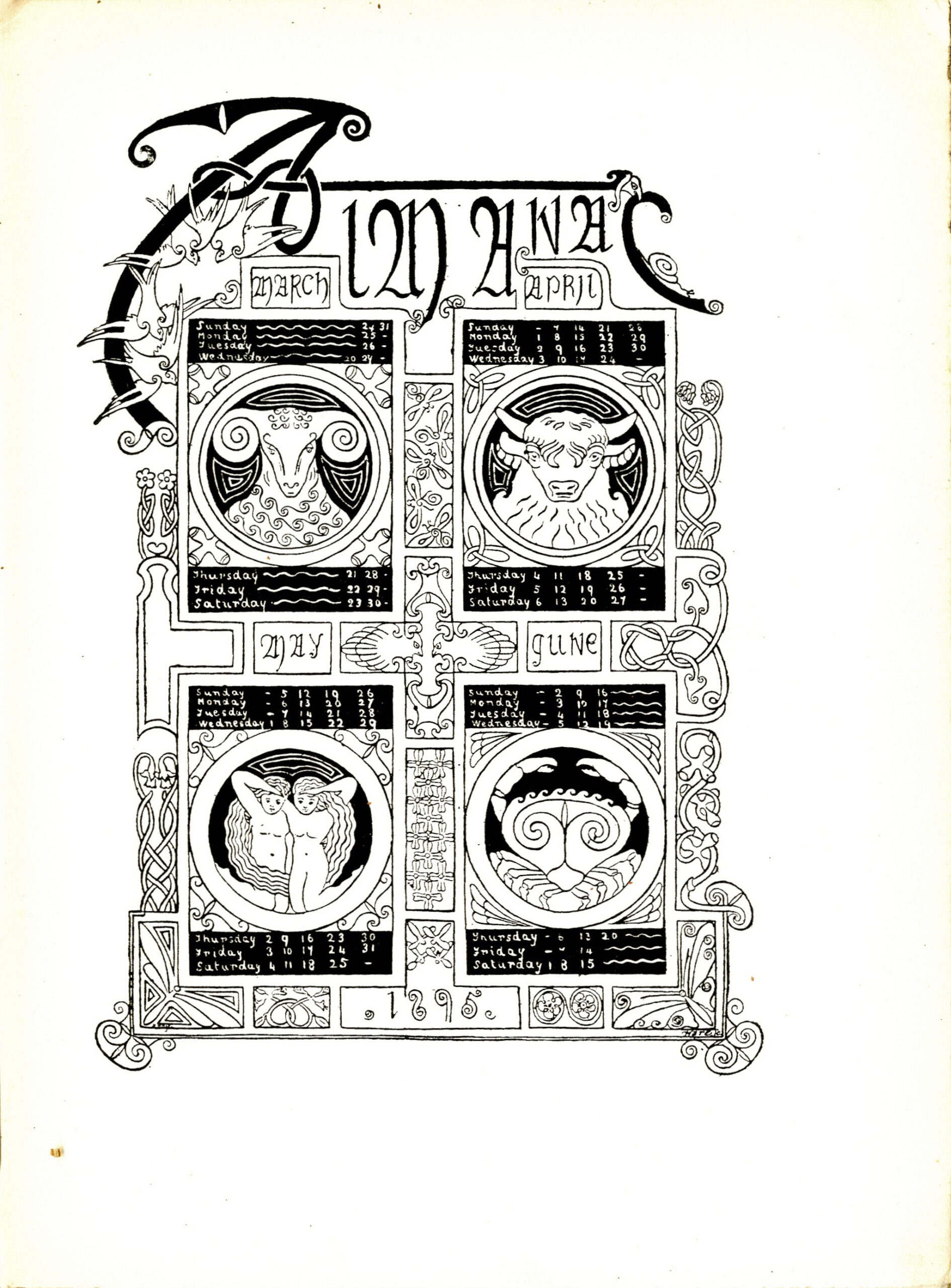 Black and white print of the spring almanac with images representing the astrological signs 