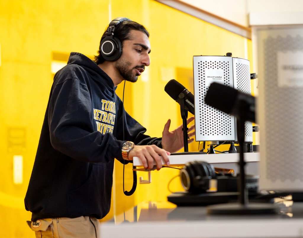 Podcasting session in TMU Libraries Media Production Studio space.