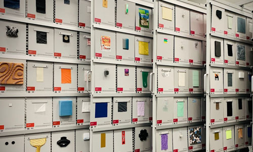 Materials are held and displayed on rolling shelves in TMU Libraries' Material ConneXion collection. Photo courtesy of TMU Libraries.