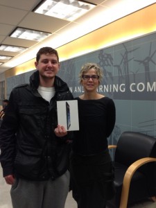 The lucky winner of the iPad mini!  Congratulations to Daniel Cabral (left), a 1st year Chemical Engineering student, pictured here receiving the coveted prize from Diane Granfield, Manager of Library Learning Services and Chair of the Learning Commons Open House Committee
